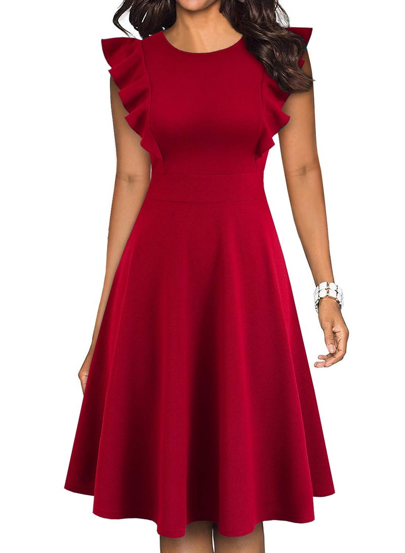 YATHON Women's Vintage Ruffle Floral Flared A Line Swing Casual Cocktail Party Dresses (XL, YT001-Red) - Image 1